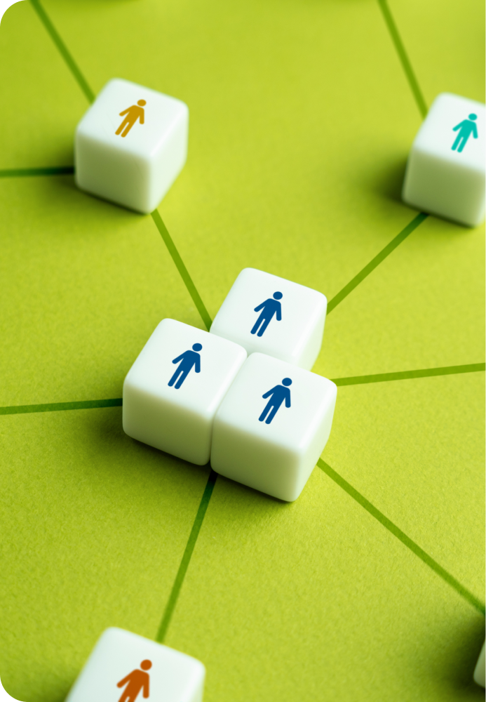 Image of a web of dice with people on the face of the die.